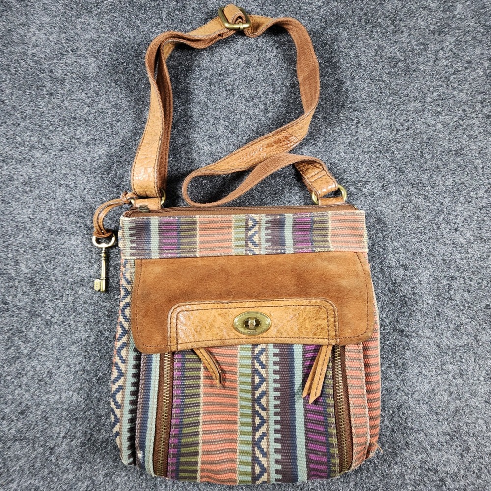 Fossil Woven Tapestry Crossbody Bag Womens Multi Color Leather Trim